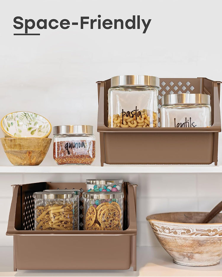 TidyFriend Stackable Storage Bins for Pantry - 4 Pack Medium Stackable Bins For Organizing Food, Kitchen, and Bathroom Essentials (Brown)