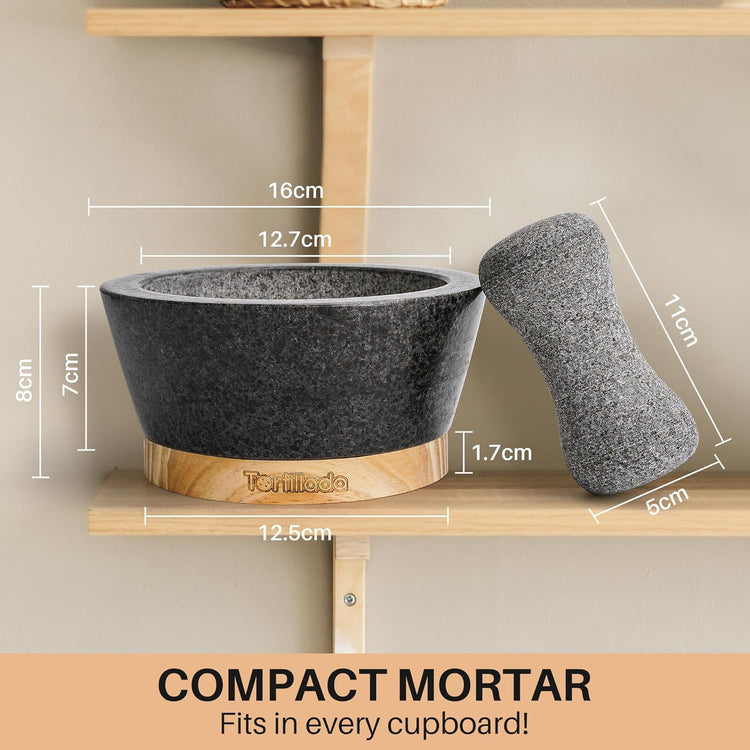 Tortillada β 6-inch Mortar and Pestle Set Large Made of Natural Granite with Anti-Scratch Wood Base Granite Spice Herb Grinder Pill Crusher with 50 Recipes, Black