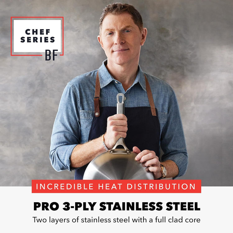 GreenPan x Bobby Flay Stainless Steel 12” Frying Pan Skillet & Glass Lid, Professional Grade Tri-Ply, Multiclad, PFAS-Free Ceramic Nonstick, Induction Suitable, Dishwasher & Oven Safe,Stay Cool Handle - Nestoria