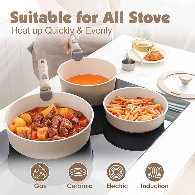 SENSARTE 24 Piece Ceramic Pots and Pans Set, Nonstick Detachable Handle Cookware, Induction Cookware Set with Removable Handle, Healthy Non Stick for RV, Dishwasher&Oven Safe, PFOA Free (Almond Beige)