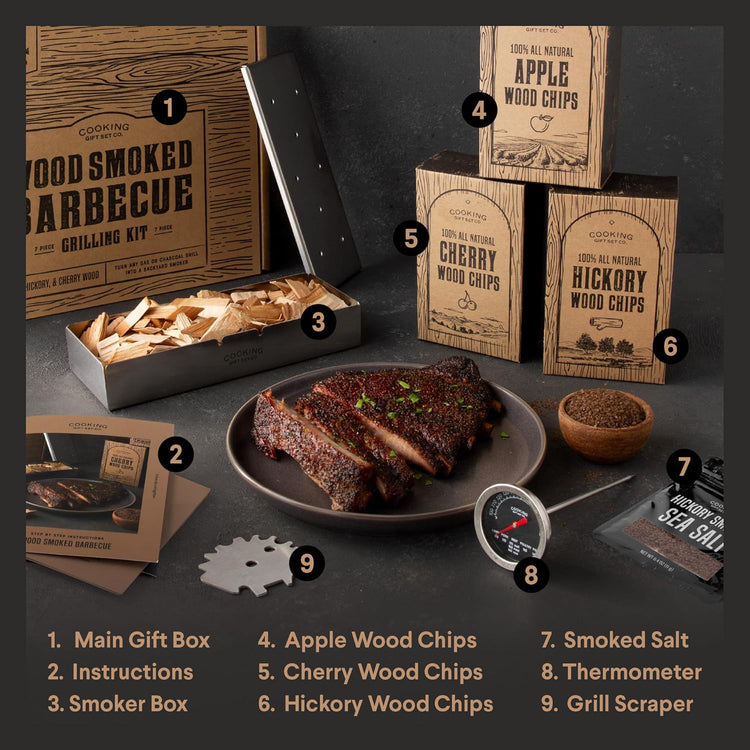 Deluxe Smoker Box for Gas Grilling - Complete BBQ Smoker Box Kit with Wood Chips, Stainless Steel Smoke Box for Gas Grill & Charcoal, Thermometer, Scraper & Recipes - Smoker Accessories Gifts for Men