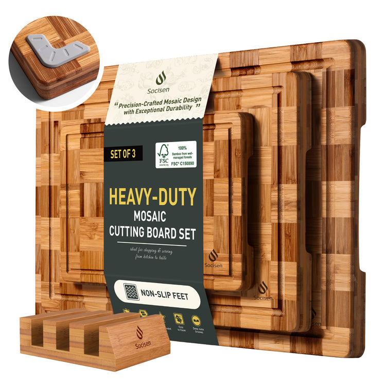 3 Pack Heavy Duty Bamboo Cutting Board Set Non Toxic Wooden Cutting Board for Kitchen Non Slip Solid End Grain Thick Wood Juice Groove Chopping Board Extra Large Butcher Block Best House Warming Gift (3 Count)