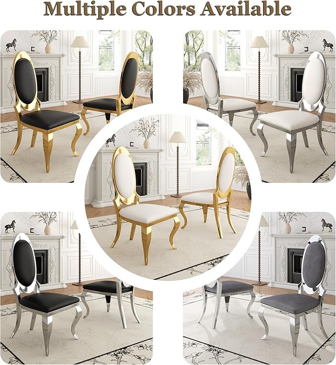 Modern Dining Chairs Set of 4, Luxury Faux Leather Upholstered Armless Dining Room Chair with Mirrored Stainless Steel Silver Legs, Mid Century Accent for Wedding Party Banquet Reception, Black