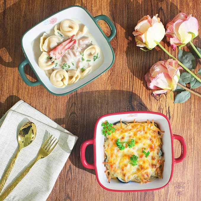 Two-piece square ceramic baking pan set: Hand-painted floral ceramic baking pans with double handles, suitable for baking, cooking, kitchens, restaurants, etc.(Combination 2)