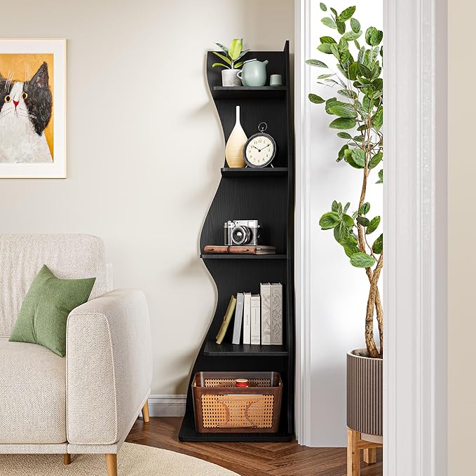 LITTLE TREE Small Corner Shelf, Modern 5-Tier Wall Corner Bookshelf, Stylish Bookcase Storage Rack for Small Space, Living Room, Bedroom