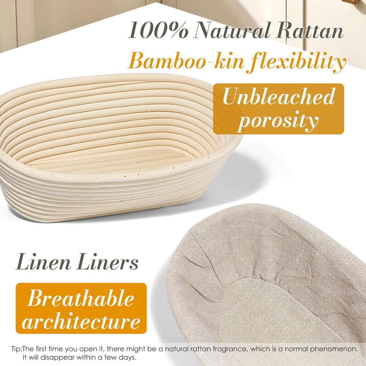 2PCS Banneton Bread Proofing Basket - 10 Inch Oval Banneton Basket and Linen Liner,Sourdough Bread Baking Supplies