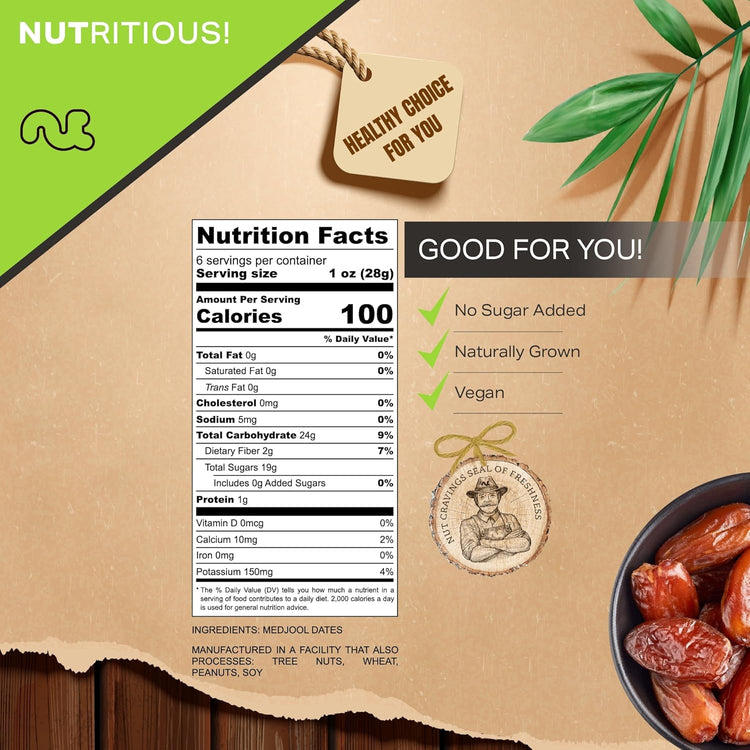 NUT CRAVINGS - Sun Dried Jumbo Medjool Dates, No Sugar Added (6oz, 1 Pack) Bulk Dry Fruits Packed Fresh in Resealable Bag - Sweet Healthy Snack, Naturally Grown, Vegan, Kosher