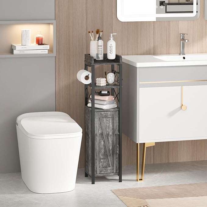 VECELO Small Bathroom Cabinet,Slim Toilet Paper Holder with Door&2 Shelves, Upgraded Narrow Storage Organizer for Restroom Bathroom Tiny Space,Metal Scroll Fenced Top Waterproof Coating,Gray