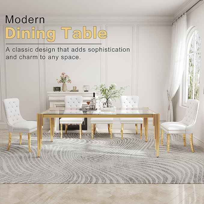 78'' Modern Glass Dining Table for 6-8 People,Tempered Glass Top Dining Room Table with Stainless Steel Base, Glass and Gold Dining Table for 6, Rectangle Dining Kitchen Table for Dinner