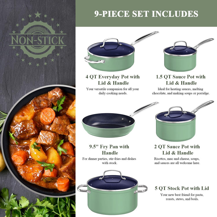 9pc Cookware Set Healthy Duralon Blue Ceramic Nonstick Coated