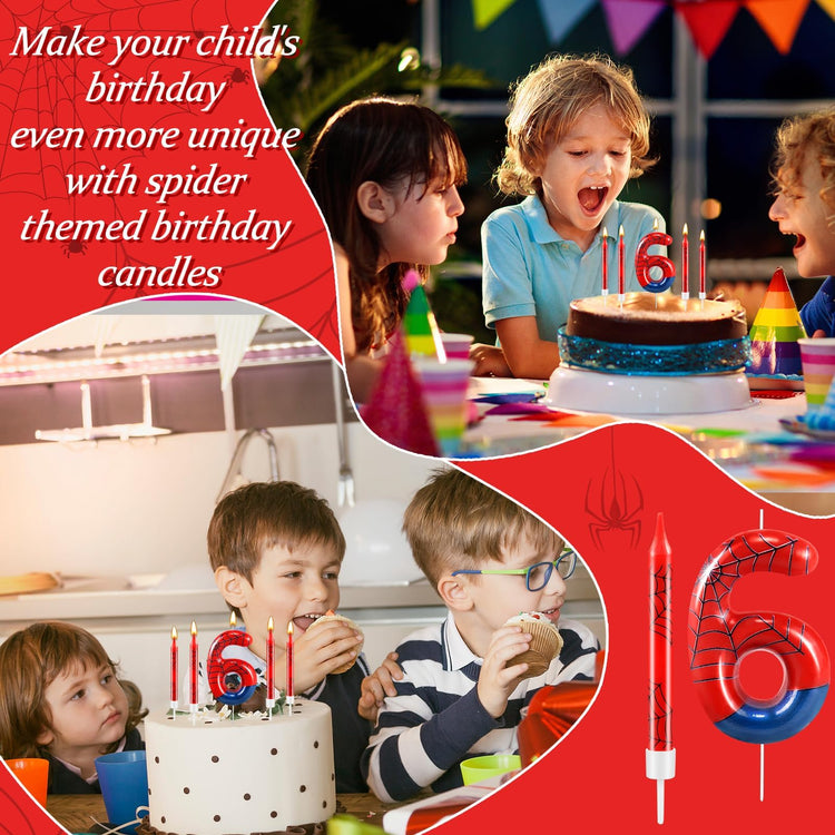13 Pcs Spider Themed Birthday Candle Set Red Spider Theme Number 6 Candle Cake Topper for Boys Girls Birthday Decoration Spider Party Decoration Supplies (13 Count)