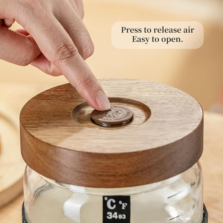 Sourdough Starter Jar 2Pack,Wood Sealed Lid with Automatic Exhaust,35OZ with Ounce Scale Line,Date Marked Feeding Band, Thermometer, Sourdough Jar Scraper,Wide Mouth for Sourdough Bread Baking