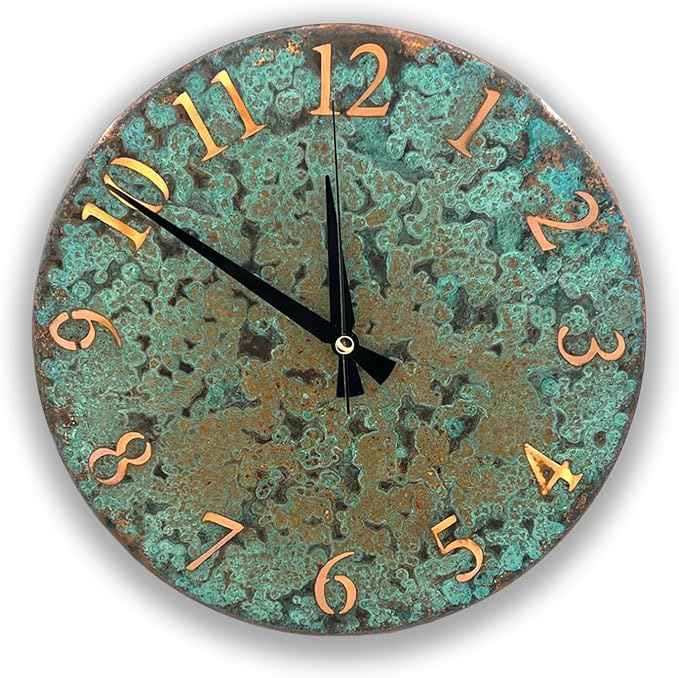 Handmade Pure Copper Wall Clock for Home Decoration, Decor Clock for Living Room, Bedroom and Kitchen, Rustic Decorative Mural Clock Art for Farmhouse (Numbers of Patina, 17.7)