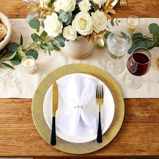 Tanlade 12 Pcs Charger Plates Bulk 13 Inch Plastic Texture Strip Wedding Chargers Floral Decorative Plates with Metallic Ruffled Rim for Wedding Party, Holiday Event Supplies(Gold)
