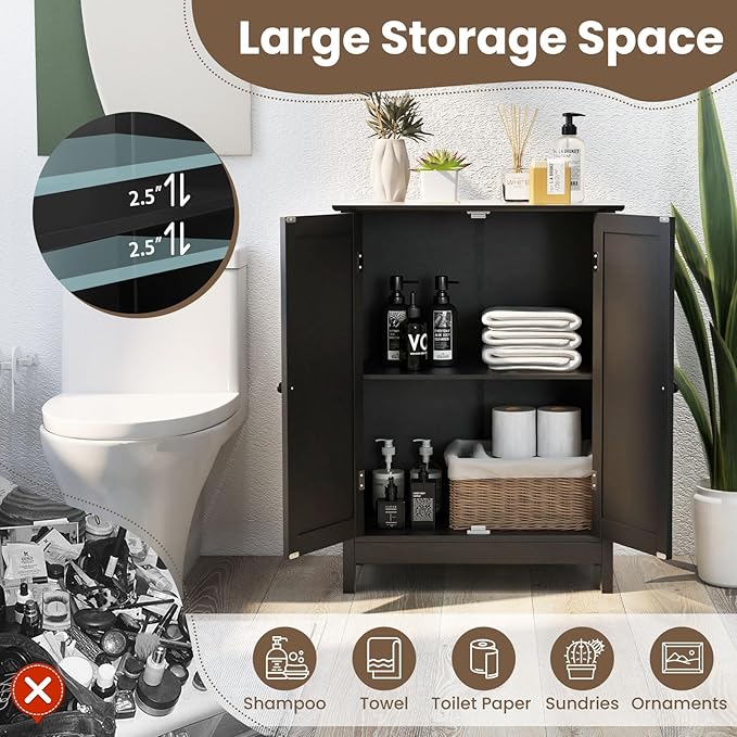 COSTWAY Bathroom Storage Cabinet, Freestanding Bathroom Organizers and Storage with Doors & Adjustable Shelf, Wooden Floor Cabinet for Home, Living Room, Entryway, Kitchen (Black)