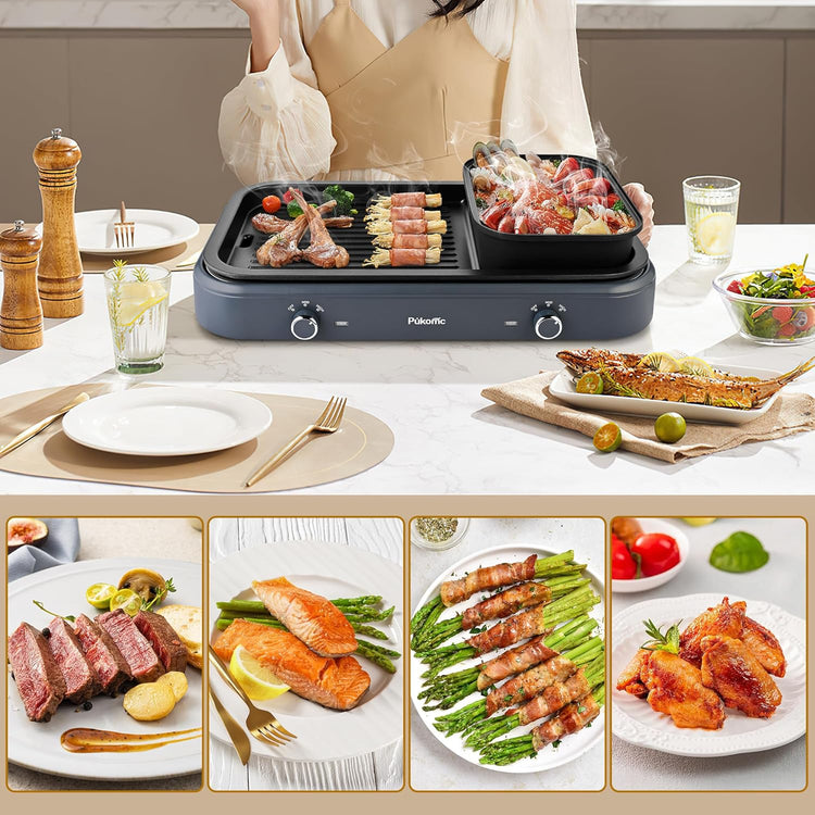Pukomc Electric Hot Pot with Grill,2 in 1 Korean BBQ Grill Shabu Shabu Hot Po, 1500W / Temperature Control, Quick Heating Detachable Hot Pot and Baking Tray,gray