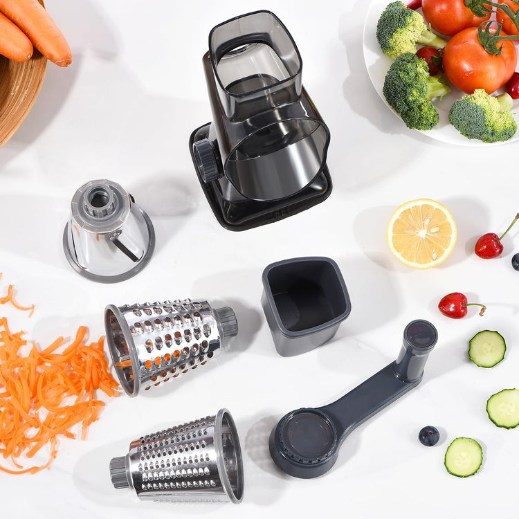 Rotary Cheese Grater with Handle Kitchen Shredder Slicer Grater Slicer Ice Shaver Cheese Vegetable Nuts Potato Zucchini Chocolate 3 Interchangeable Blades