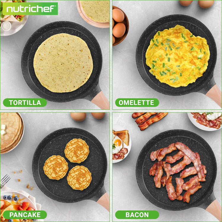 Nutrichef 2-Pack Non-Stick Crepe Pan Set, 9.4" Marble Coated Dosa Pans with Wooden Spreaders, Bakelite and Wood Handles, Induction-Compatible, Dishwasher Safe, Even Heat Distribution, Black Marble