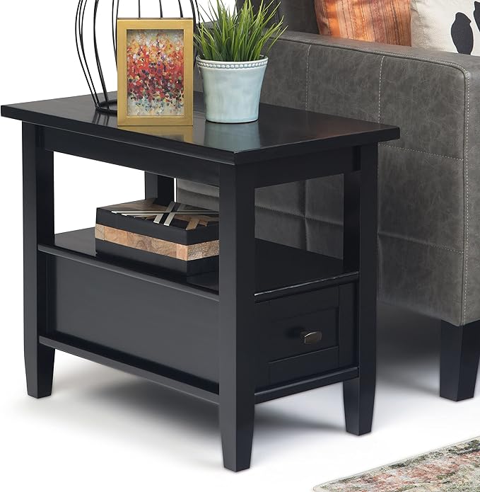 SIMPLIHOME Warm Shaker End Table - 14 inch Wide Solid Wood Narrow Side Table in Black, Transitional Accent Table for Living Room or Bedroom with Drawer, Open Shelf and Square Tapered Legs