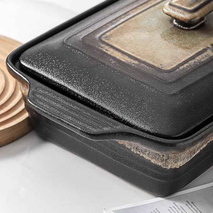 KOOV Ceramic Casserole Dish with Lid, Rectangular Baking Dish Set, Lasagna Pans for Cooking, 9 x 13 Inches, Stripe Series (Rough Black)