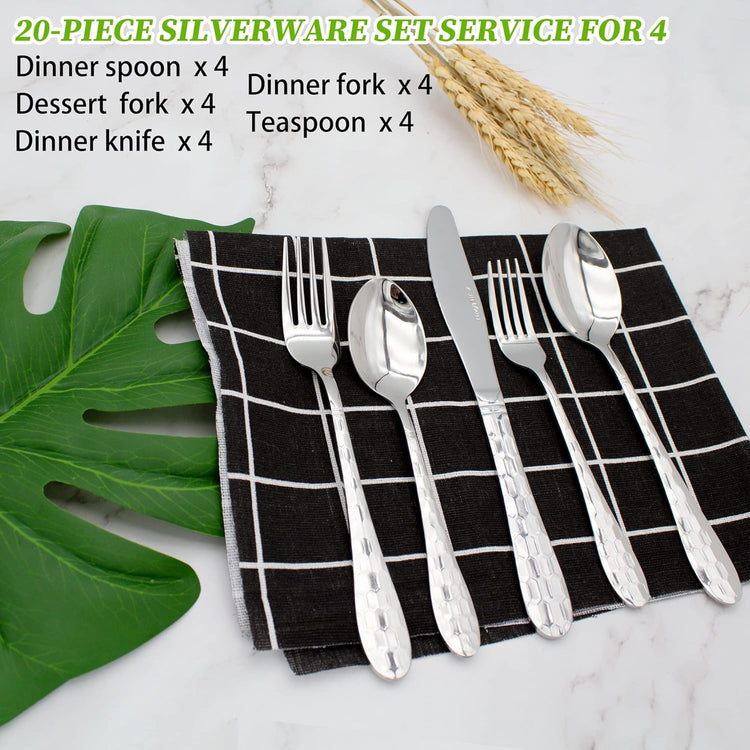 20-Piece Silverware Set, Flatware Cutlery Silverware Set Service for 4, 18/10 Hammered Stainless Steel Utensils Tableware Set Include Knife Spoon Fork, Unique Design, Mirror Polished (Silver)