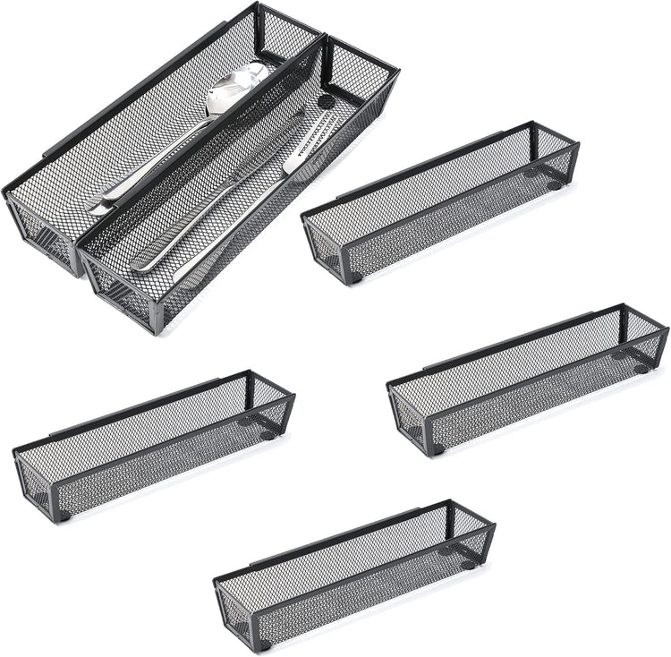 6 Pack Black Silverware Drawer Organizer Kitchen Drawer Utensil Cutlery Tray Office Supplies with Inter-locking Arm Drawer Dividers Organizer for Silverware, Flatware, Home,Office, School,Bedroom 12X3
