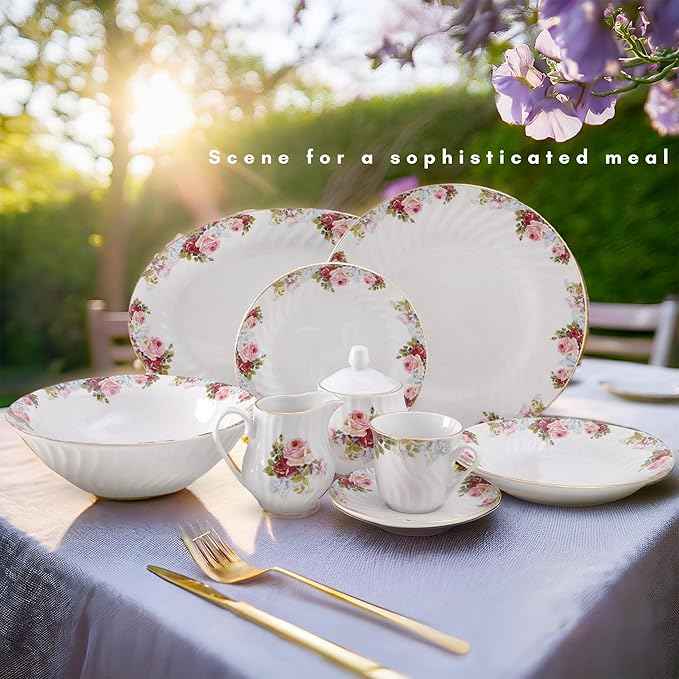 Lynns Paradise Philomena Floral 45-Piece Dinnerware Set | 24K Gold Trim | Embossed Swirl | Plates & Bowls Sets | Apartment Essentials | Home Kitchen Accessories | Floral Design
