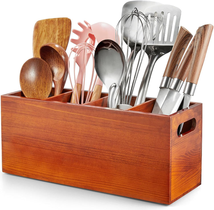 ALELION Large Utensil Holder with Removable Divider - 4 Compartment Wooden Utensil Caddy Organizer for Kitchen Counter - Brown Cooking Utensil Crock for Countertop