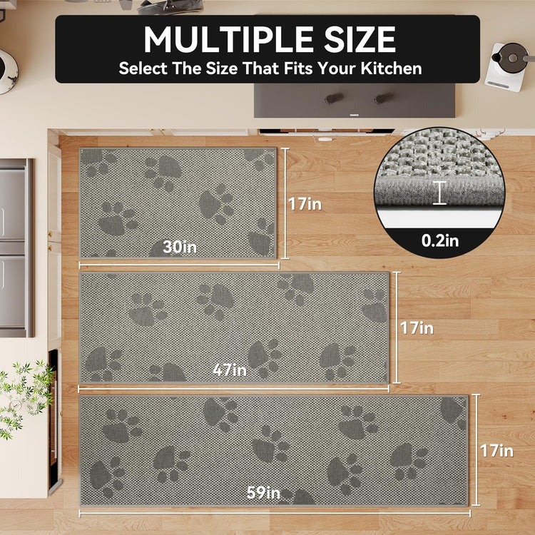 Kitchen Rugs Kitchen Mats for Floor Non Slip Gray Paw 17"x59" (6.975 Sq Ft)