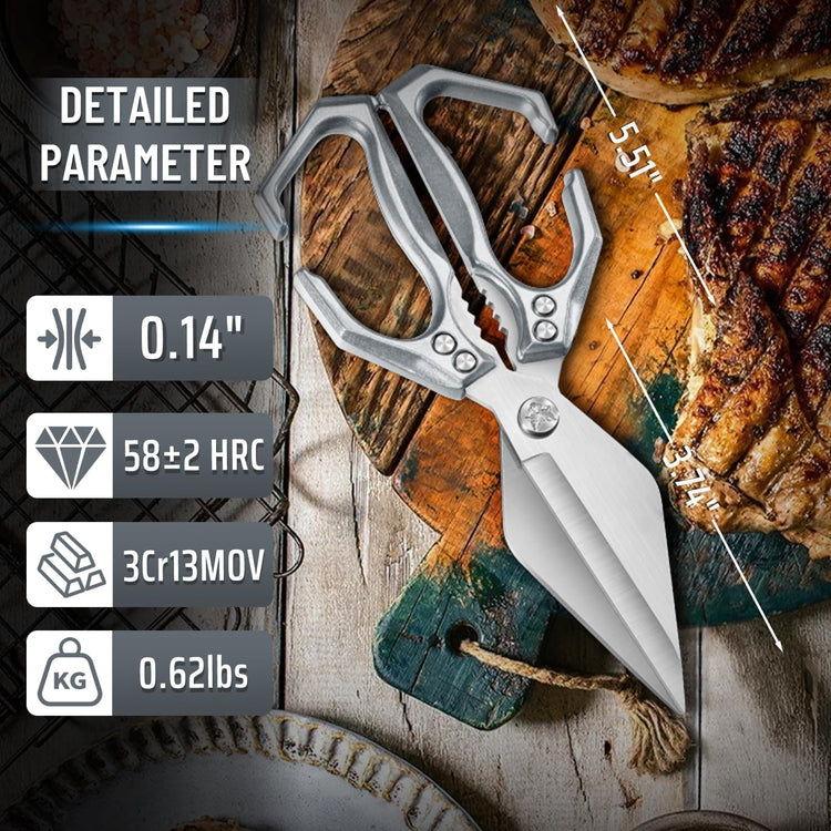 Heavy Duty Poultry Shears for Food with Silver Ergonomic Handle
