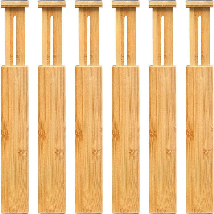VaeFae 6-Pack Bamboo Drawer Dividers – Adjustable 14"-19.1" (Fits 15"-18" Drawers ONLY), Spring-Loaded Expandable Organizer for Kitchen, Bedroom, Office & Bathroom, MUST MEASURE Before Purchase