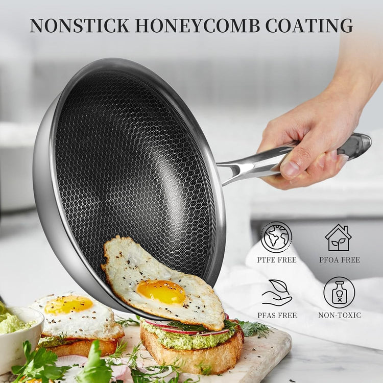 Stainless Steel Frying Pan Nonstick Frying Pan with Lid 10 Inch Honeycomb Stainless Steel Skillet Woks Pan for Gas Electric Induction Ceramic Stoves and Oven