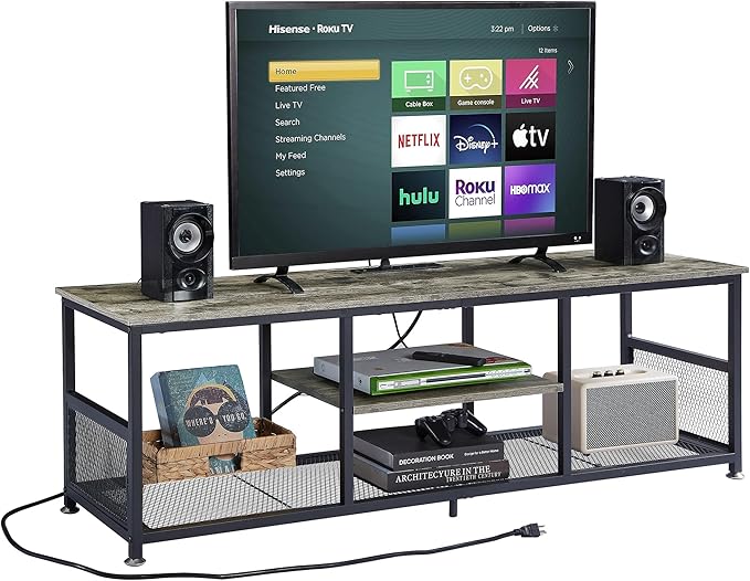 VECELO TV Stand with Power Outlets for Televisions up to 65Inch, 55" Media Entertainment Center with Charging Station 3-Tier Open Storage Shelves with Metal Frame for Living Room/Bedroom,Grey