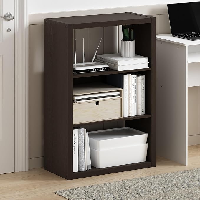 Furinno Viola Book Shelf, 3-Tier Bookshelf, Extra Thick Frame Bookcase with Open Shelf, Open Back Design, 11.3" x 23.2" x 35.9", for Living Room, Bedroom, Home Office, Black Dark Oak