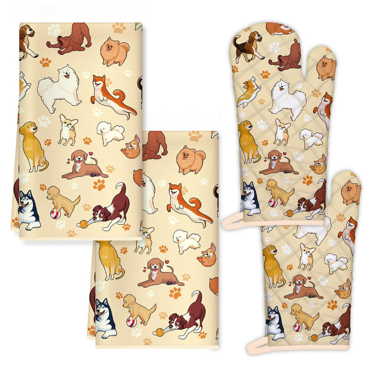 Cute Dogs Kitchen Towels and Oven Mitts Set 4Pcs (4 Count)