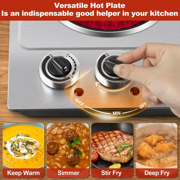 Hot Plate,Cusimax Dual Infrared Burner, Electric Ceramic Glass Stove,Adjustable Temperature Control,Stainless Steel,Compatible of all Cookware,Easy Clean for Home, Dorm, Office