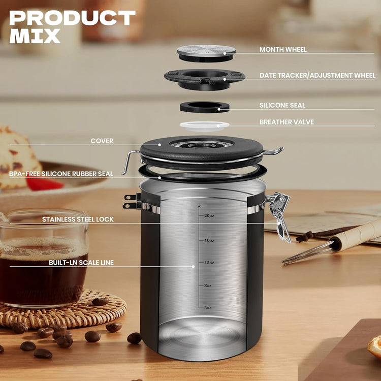 Coffee Canisters with Window,Scoop and Airtight Lid Stainless Steel Kitchen Bean Storage Grounds Container(22OZ/Black)Date Tracker and Scoop for Grounds Coffee Bar Accessories Beans, Cereal, Sugar