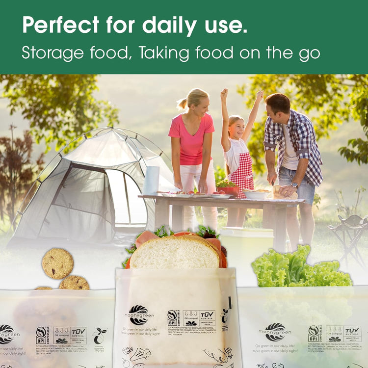 Compostable Food Storage Bags, Resealable Sandwich Bags, 50 Count, 6.7 x 6.8 inches, Extra Thick, Certified US BPI ASTM D6400 Europe OK Compost