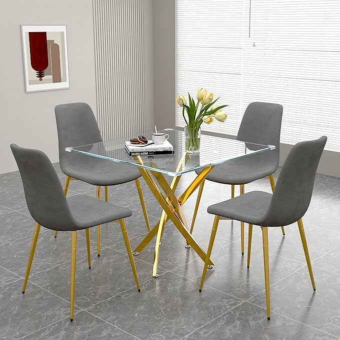 AF ARTISAN FURNITURE 36" Square Glass Dining Table Set for 4, 5-Piece Modern Kitchen Table with 4 Grey Velvet Chairs, Modern Circle Leisure Table for Home Office Dining Room Small Spaces (Gold Leg)