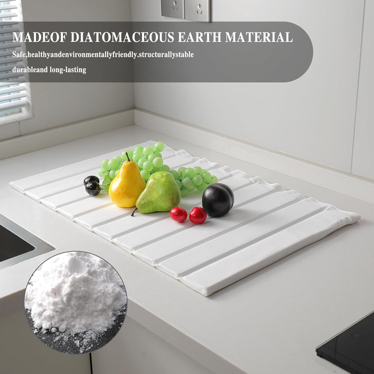 Stone Drying Mat for Kitchen Counter, Collapsible Diatomaceous Earth Dish Drying Mats, Supe Absorbent Quick Dry Stone Mat Kitchen,PU Leather Surface Removable and washable (White, 23.6”x15.4”)