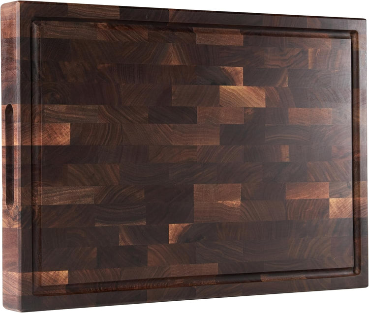 American Dark Walnut Wood Cutting Board 17"x12"x1.6" for Kitchen with Juice Groove, Inner Handles, Gift Box Packaging and End Grain Butcher Block Finished with Linseed Oil, Beeswax & Lemon Oil