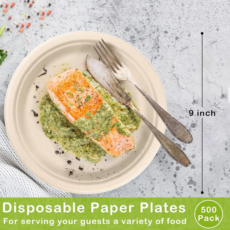 Paper Plates Bulk 500 Count, 100% Compostable Paper Plates 9 inch, Eco Friendly Recycled Paper Plates, Brown Paper Plates Heavy Duty for Party, Picnic, BBQ