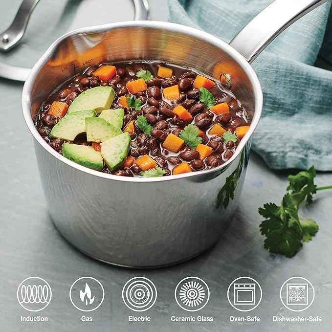 Tramontina Tempo Tri-Ply Base Stainless Steel 2-Quart Small Sauce Pan with Glass Lid, Induction-Ready Saucepan, Oven-Safe, Dishwasher-Safe