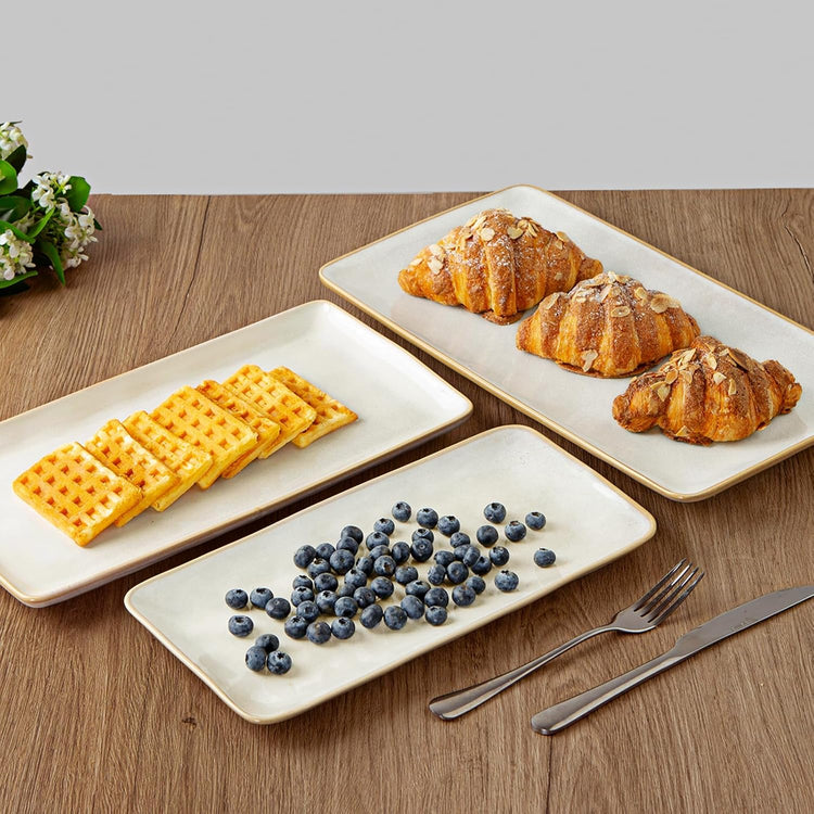 famiware Serving Platter, Rectangular 15.67/14.1/12.6 inch Serving Dishes for Entertaining, Microwave Dishwasher Safe, Stonware Serving Trays for Party, Turkey, Cheese, Ocean Series, Cappuccino White