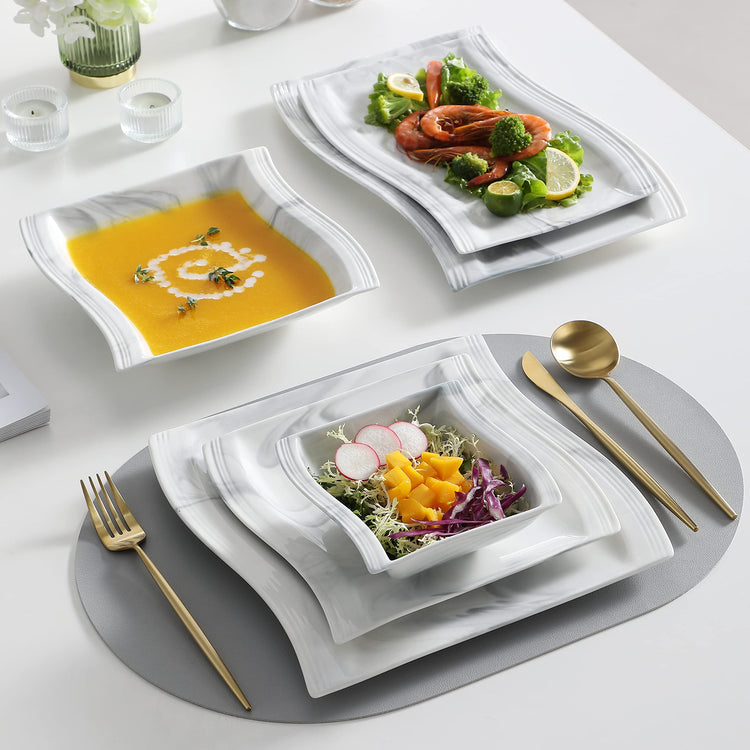 26 Piece Marble Grey Square Dinnerware Sets