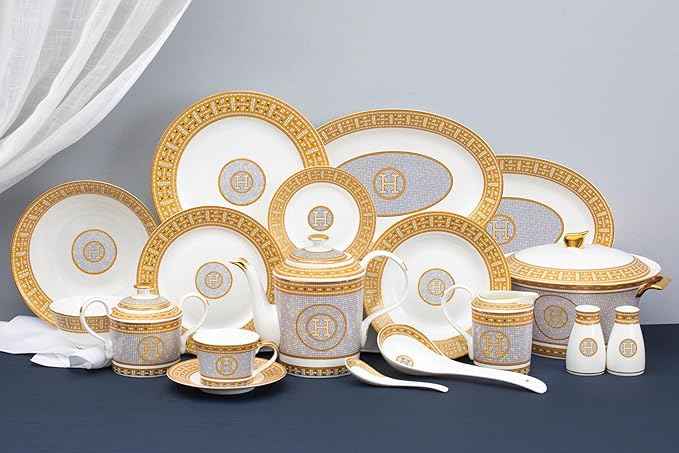 White and Gold Dinnerware Set - 58 Piece 'Mosaic' Dinner Set Luxury Bone China 24K Gold Inlays for Everyday use or Formal Occasions