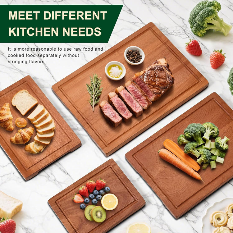 Wooden Cutting Board Set of 4 with Holder Non Toxic Solid Sapele Wood Chopping Boards for Kitchen with Juice Grooves Thick Large Cutting Board (9x7 to 16x12 In) for Meat Vegetables Cheese (Brown)