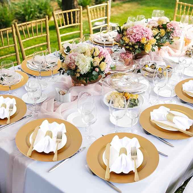 Tanlade 50 Pcs 13 Inch Charger Plates Bulk Round Wedding Chargers Plastic Dinner Plates for Table Setting Wedding Party Decoration (Gold)