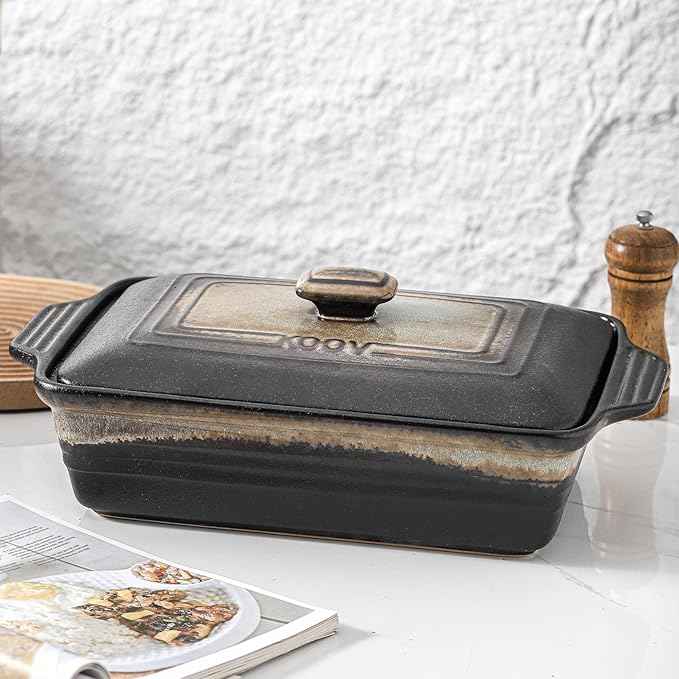 KOOV Ceramic Casserole Dish with Lid, Rectangular Baking Dish Set, Lasagna Pans for Cooking, 9 x 13 Inches, Stripe Series (Rough Black)