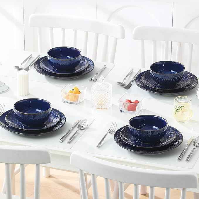 MALACASA 12 Pieces Dinnerware Sets, Modern Plates and Bowls Sets, Blue Dish Set for 4, Kitchen Ceramic Dinner Plates Dishware Set, Microwave and Dishwasher Safe, Series LYDIA